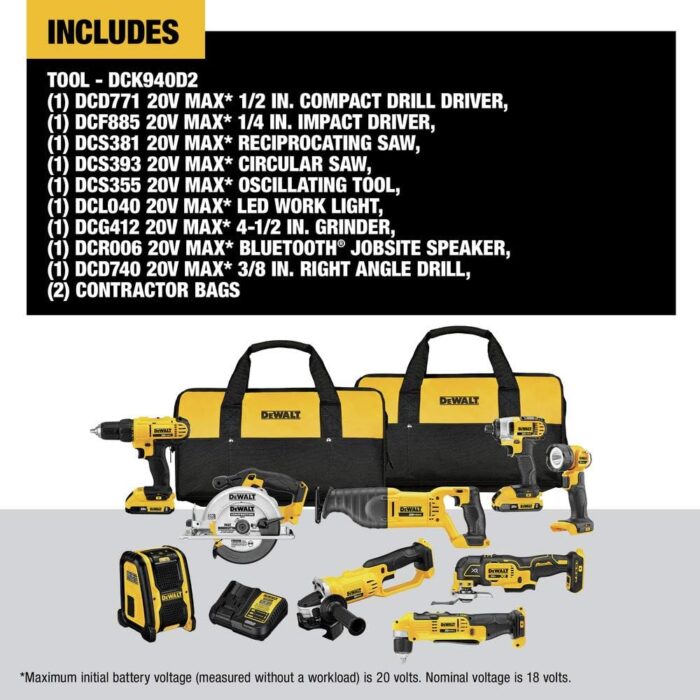 DEWALT 20V MAX Power Tool Combo Kit, 9-Tool Cordless Power Tool Set with 2 Batteries and Charger (DCK940D2) - Image 2