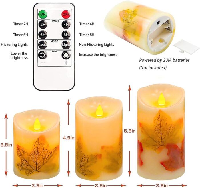 Flameless Candles Lights,Set of 3 Maple Leaf Flickering LED Candles with Remote & Timer, Dimmable LED Pillar Candles Battery Operated, Electric Candles for Thanksgiving Halloween Fall Harvest Decor - Image 7