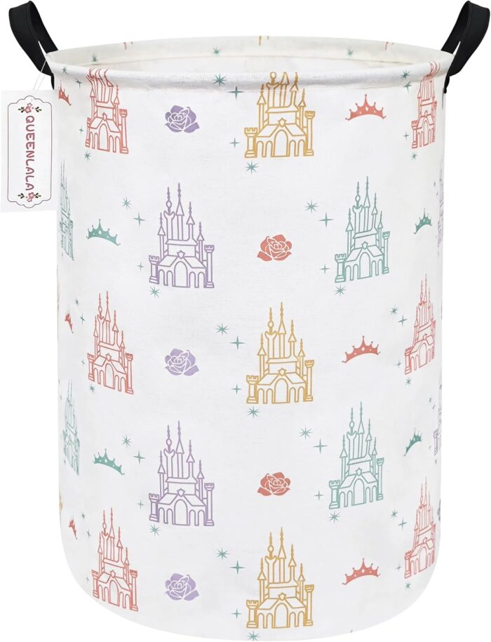 QUEENLALA Large Storage Basket,Laundry Hamper/Bathroom/Home Decor/Collapsible Round Storage Bin,Boys and Girls Hamper/Boxes/Clothing(Round-Rose Castle)