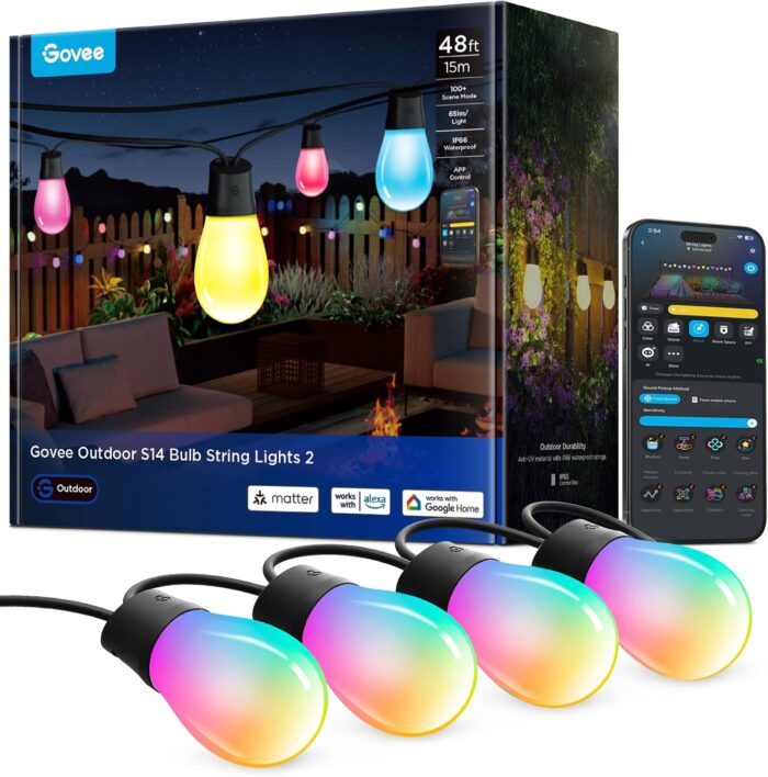 Govee S14 Bulb Outdoor String Lights 2, 48ft Smart RGBIC Warm White Patio Lights with 15 LED Bulbs, 111 Scene Modes for Outdoor Decor, Works with Alexa, Google, Matter, APP Control, IP66 Waterproof