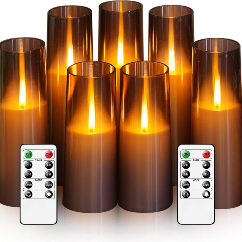 Flameless LED Candles Upgraded Realistic Flickering Flame,7Pcs Battery Operated Candles with Remote Timers,LED Pillar Candles for Home Decor,Christmas,and Parties（Grey）