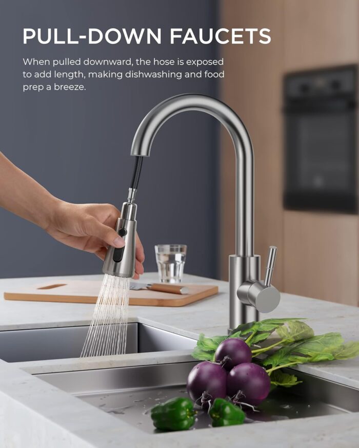 FORIOUS Kitchen Faucets with Pull Down Sprayer, Brushed Nickel, High Arc Single Handle Classic Stainless Steel Sink Faucet 1 or 3 Hole, Suitable for Farmhouse Camper Laundry Rv Bar - Image 2