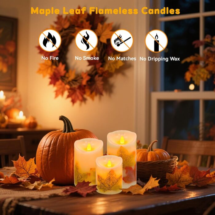 Flameless Candles Lights,Set of 3 Maple Leaf Flickering LED Candles with Remote & Timer, Dimmable LED Pillar Candles Battery Operated, Electric Candles for Thanksgiving Halloween Fall Harvest Decor - Image 2