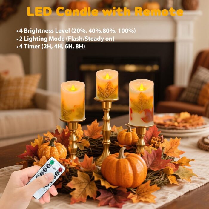 Flameless Candles Lights,Set of 3 Maple Leaf Flickering LED Candles with Remote & Timer, Dimmable LED Pillar Candles Battery Operated, Electric Candles for Thanksgiving Halloween Fall Harvest Decor - Image 3
