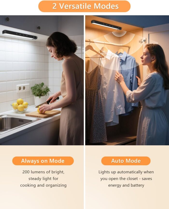 WILLED Under Cabinet & Closet Lights, Motion Sensor, Rechargeable, Magnetic, 3 Color Temps, Dimmable LED Light Bar for Indoor Kitchen Counter (2 Pack, Black) - Image 3