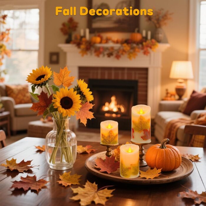 Flameless Candles Lights,Set of 3 Maple Leaf Flickering LED Candles with Remote & Timer, Dimmable LED Pillar Candles Battery Operated, Electric Candles for Thanksgiving Halloween Fall Harvest Decor - Image 6