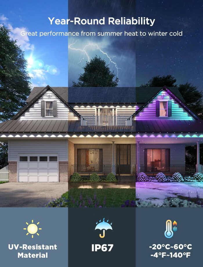 Govee Permanent Outdoor Lights 2, 100ft RGBIC Outdoor Lights with 72 LED Lights, IP67 Waterproof, 100 Scene Modes with 40lm White for Outdoor Decorations, Works with Alexa, Google Assistant, White - Image 4