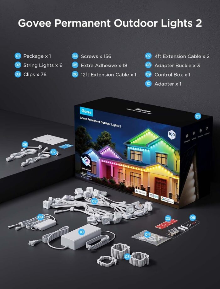Govee Permanent Outdoor Lights 2, 100ft RGBIC Outdoor Lights with 72 LED Lights, IP67 Waterproof, 100 Scene Modes with 40lm White for Outdoor Decorations, Works with Alexa, Google Assistant, White - Image 8