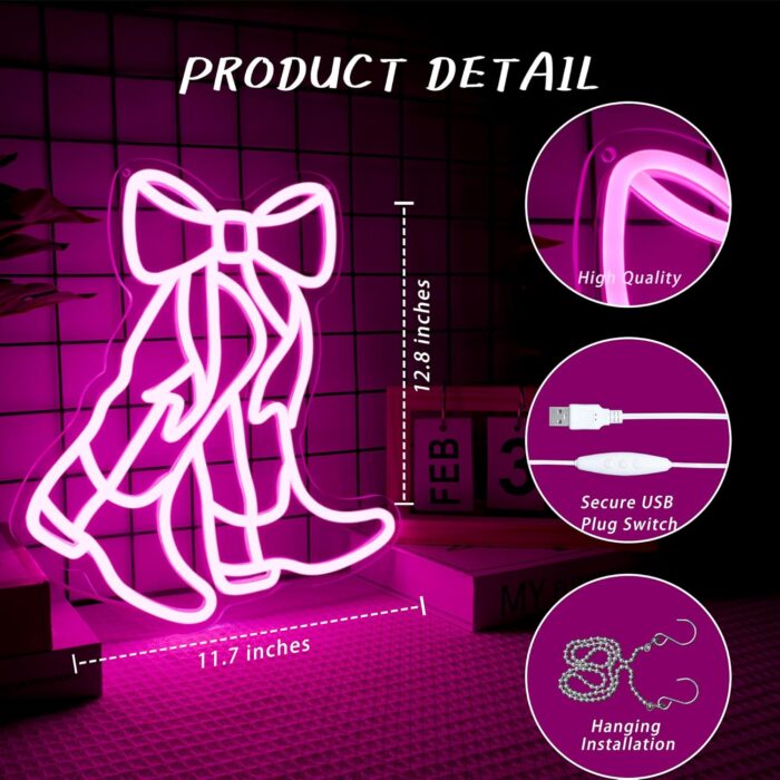 Cowboy Boot Neon Sign Bow Neon Sign LED Pink Cowgirl Boots Light Signs Wall Decor Aesthetic Western Wall Art Suitable for Game Room Country Parties Bow Decor Bedroom Bar Birthday Gift(12.8 * 11.7in) - Image 3