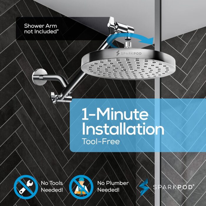 SparkPod Shower Head - High Pressure Rain - Premium Quality Luxury Design - 1-Min Install - Easy Clean Adjustable Replacement for Your Bathroom Shower Heads (Luxury Polished Chrome, 8 Inch Round) - Image 4