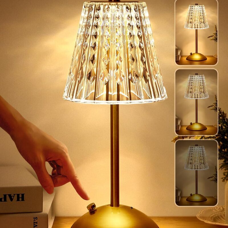Cordless Lamp, Crystal+Dimmable+3 Colors Rechargeable Lamp, Touch+2000mAh Battery Operated Vintage Ambient Light for Kitchen/Bedroom/Bathroom Shower/Dining Table/Entryway/Hallway/Bar, Gifts for Girls