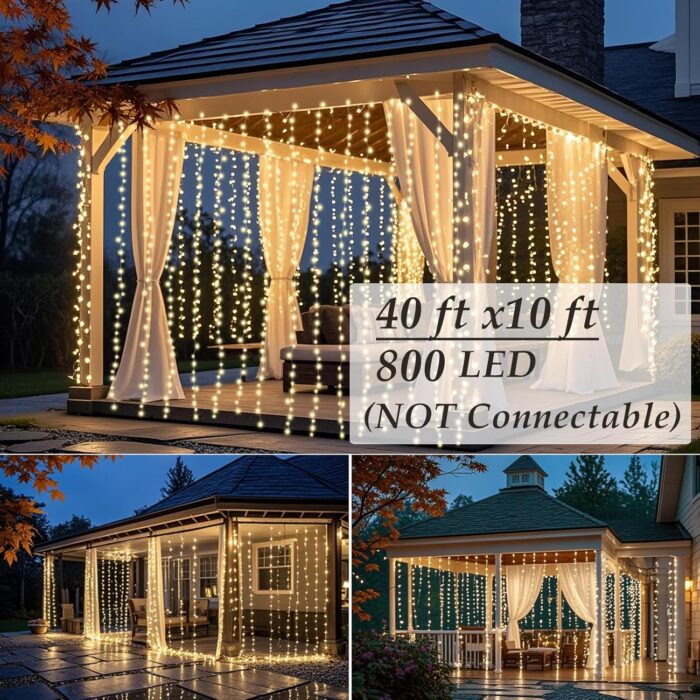 Solhice LED Curtain Lights Outdoor 40ft x10ft, 800 LED Plug in Hanging String Lights Indoor, Christmas Twinkle Lights Backdrop for Outside Backyard Patio Wedding Décor, Warm White (Not Connectable) - Image 2