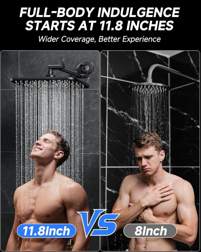 Veken 11.8" Rain Shower Head, Rectangular Rainfall Showerhead with 11" Stainless Steel Exension Arm, Height & Angle Decor Adjustable, High Pressure Showheads, Bathroom Accessories, 2.5GPM Matte Black - Image 2