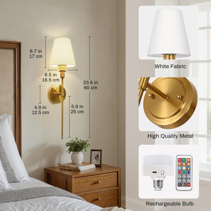 DORESshop Battery Operated Wall Sconce Set of 2, Wall Light Wireless Easy to Install Remote Control, Dimmable and Adjustable Sconces Wall Decor, Rechargeable Wall Lamp for Bedroom, Living Room, Gold - Image 7
