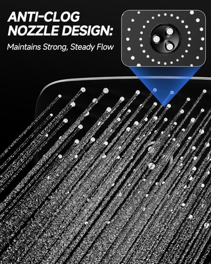 Veken 11.8" Rain Shower Head, Rectangular Rainfall Showerhead with 11" Stainless Steel Exension Arm, Height & Angle Decor Adjustable, High Pressure Showheads, Bathroom Accessories, 2.5GPM Matte Black - Image 5