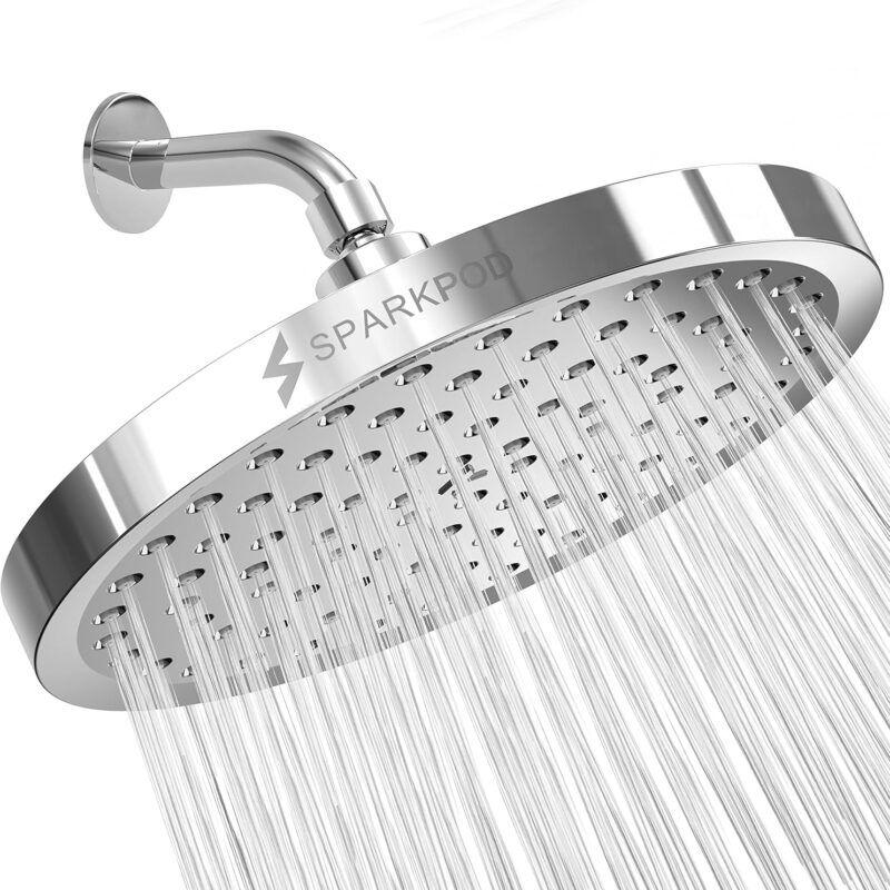 SparkPod Shower Head - High Pressure Rain - Premium Quality Luxury Design - 1-Min Install - Easy Clean Adjustable Replacement for Your Bathroom Shower Heads (Luxury Polished Chrome, 8 Inch Round)