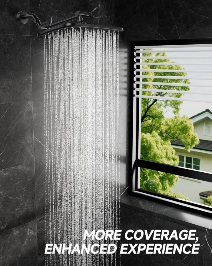 Veken 11.8" Rain Shower Head, Rectangular Rainfall Showerhead with 11" Stainless Steel Exension Arm, Height & Angle Decor Adjustable, High Pressure Showheads, Bathroom Accessories, 2.5GPM Matte Black - Image 7